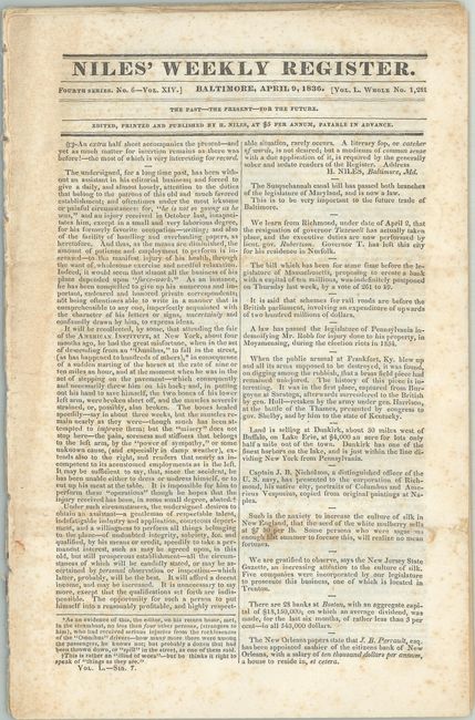 [Texas Independence] Niles' Weekly Register. Fourth Series. No. 6 - Vol. XIV